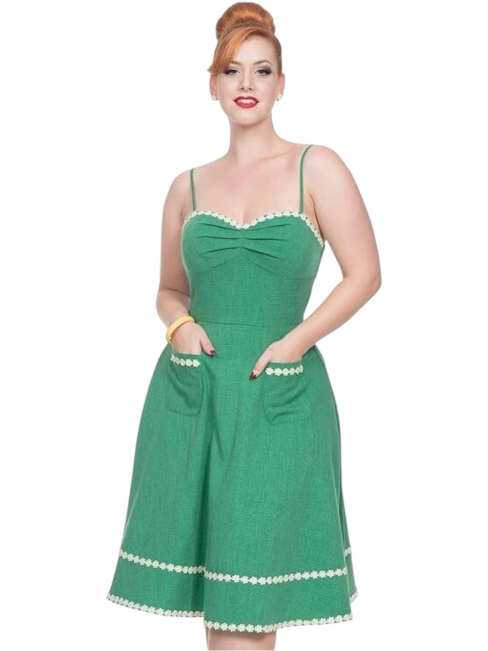 Voodoo Vixen Green Midi A-Line Spaghetti Strap Dress with White Trim